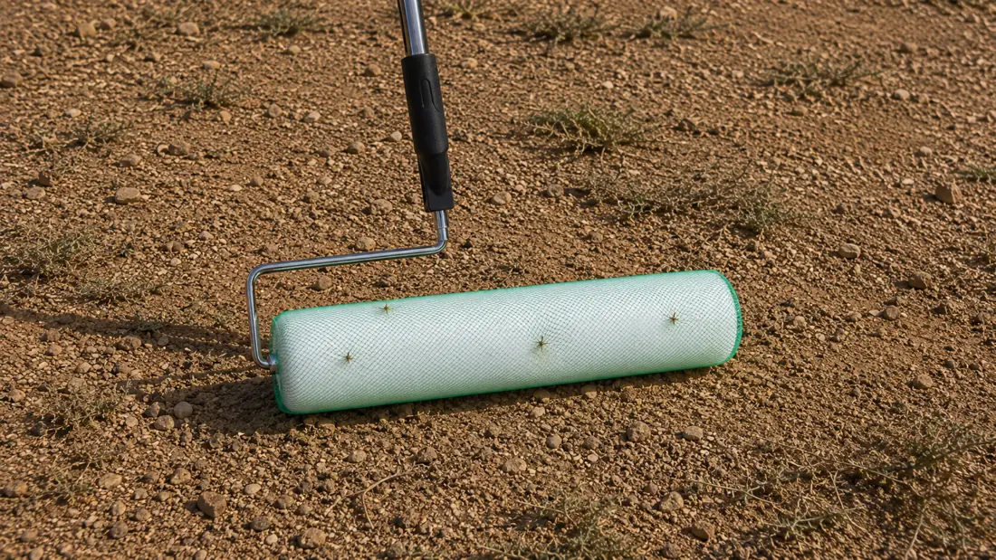 THORNADO goat head thorn collection tool rolling over dry ground
